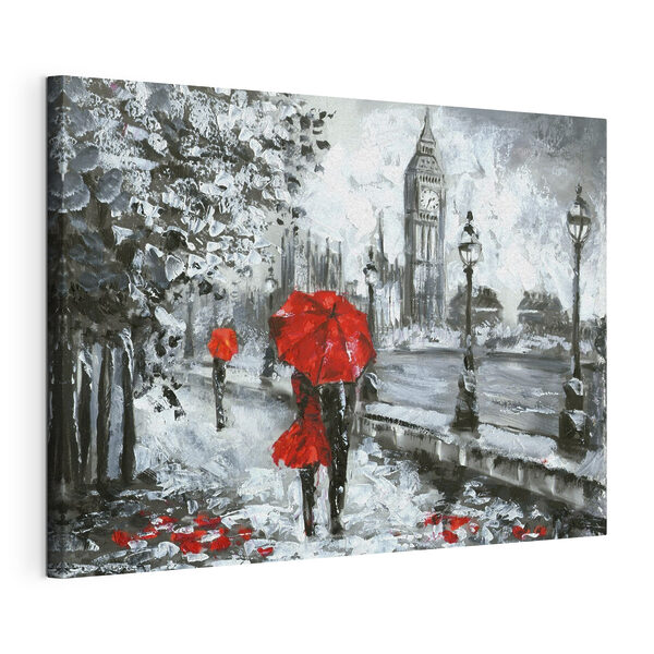 Tablouri O pictură a unui cuplu care ține umbrele într-un oraș înzăpezit