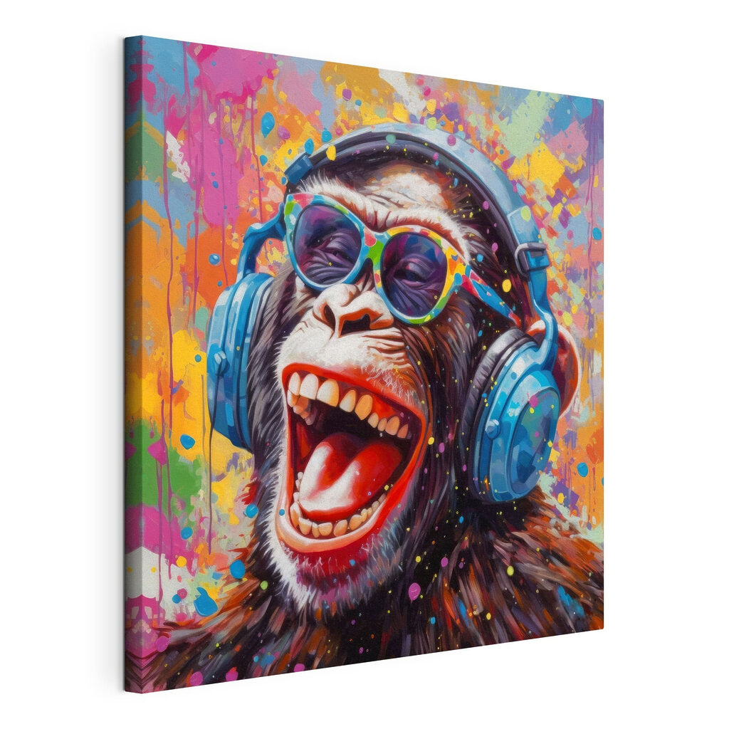 A monkey wearing headphones and sunglasses