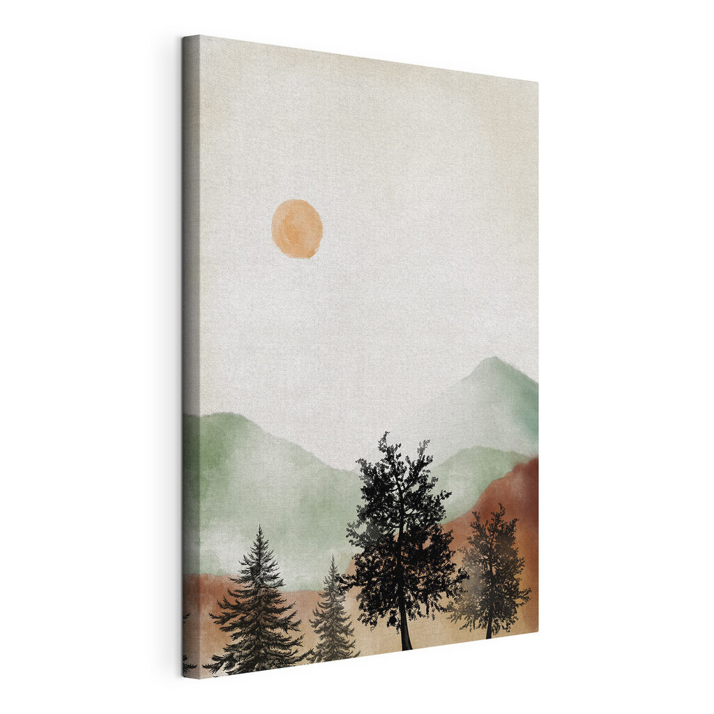 A painting of a mountain landscape with trees and mountains A painting of a mountain landscape with trees and mountains