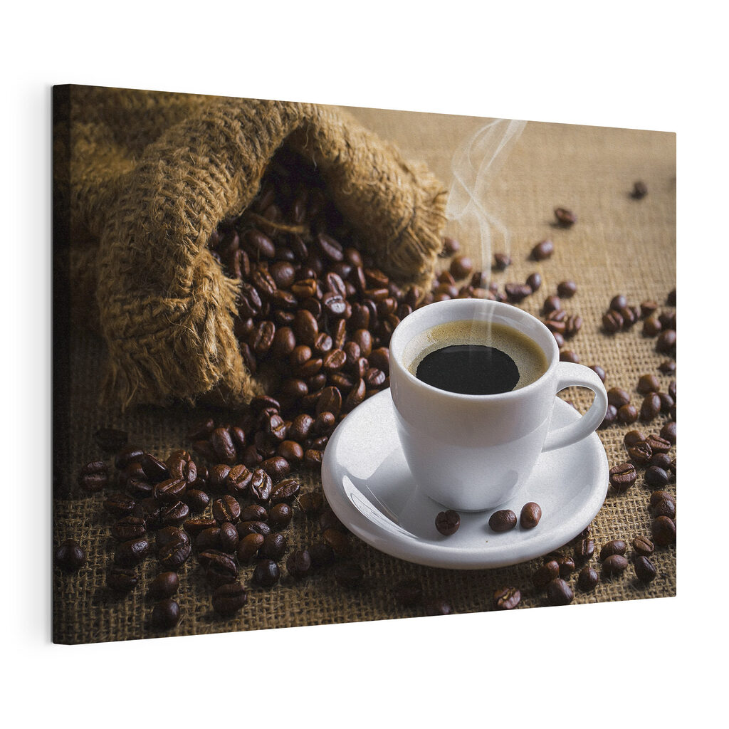 A cup of coffee and a bag of coffee beans A cup of coffee and a bag of coffee beans