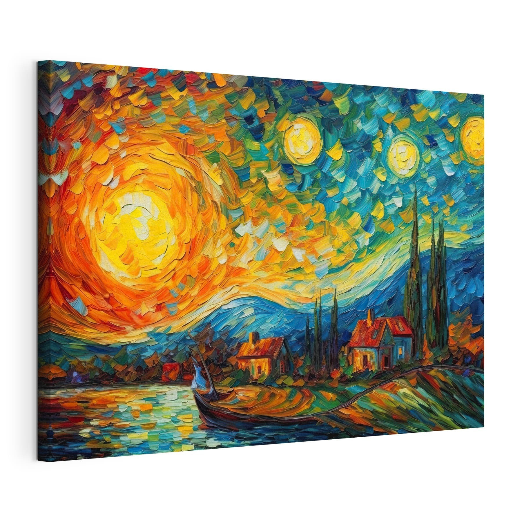 A painting of a house and a boat on a lake