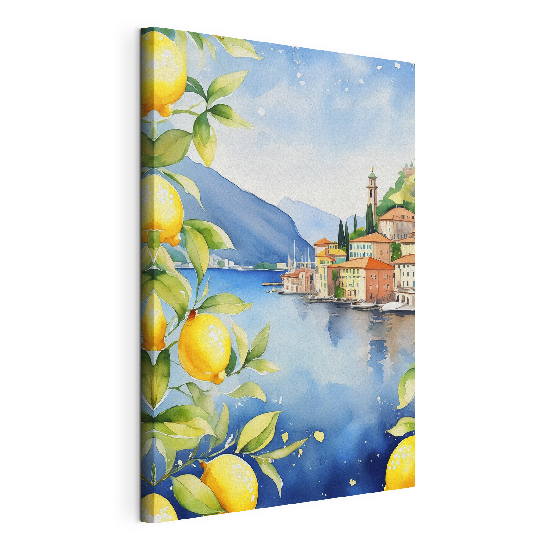 Watercolor of a city by a body of water
