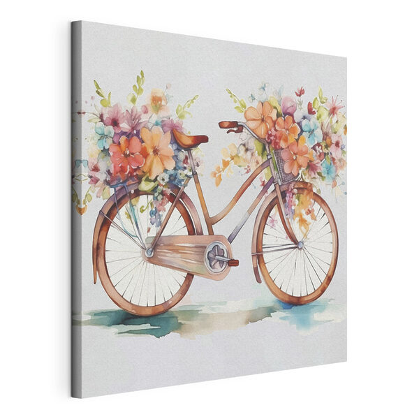 O pictură în acuarelă a unei biciclete cu flori pe ea Tablouri O pictură în acuarelă a unei biciclete cu flori pe ea