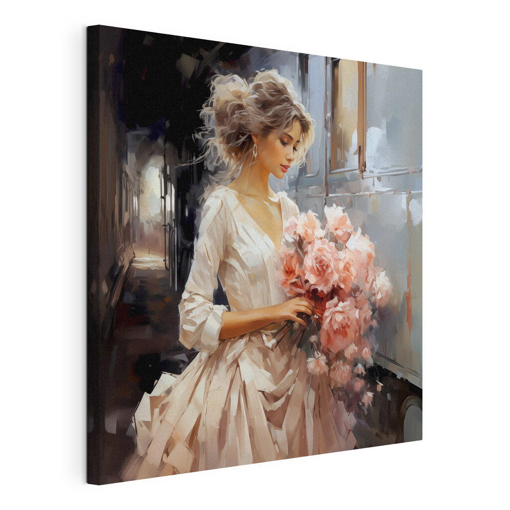A woman holding flowers in a train