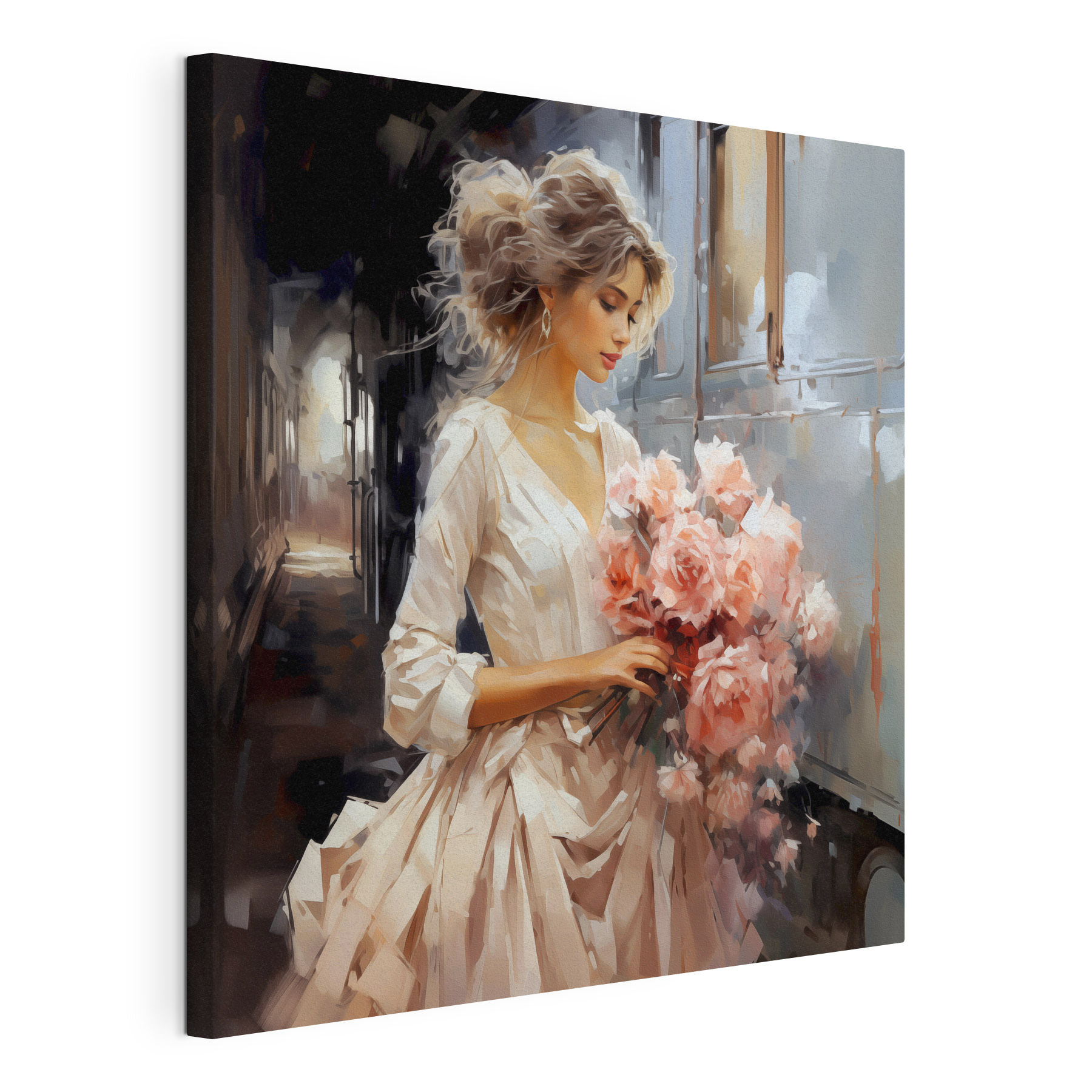 A woman holding flowers in a train