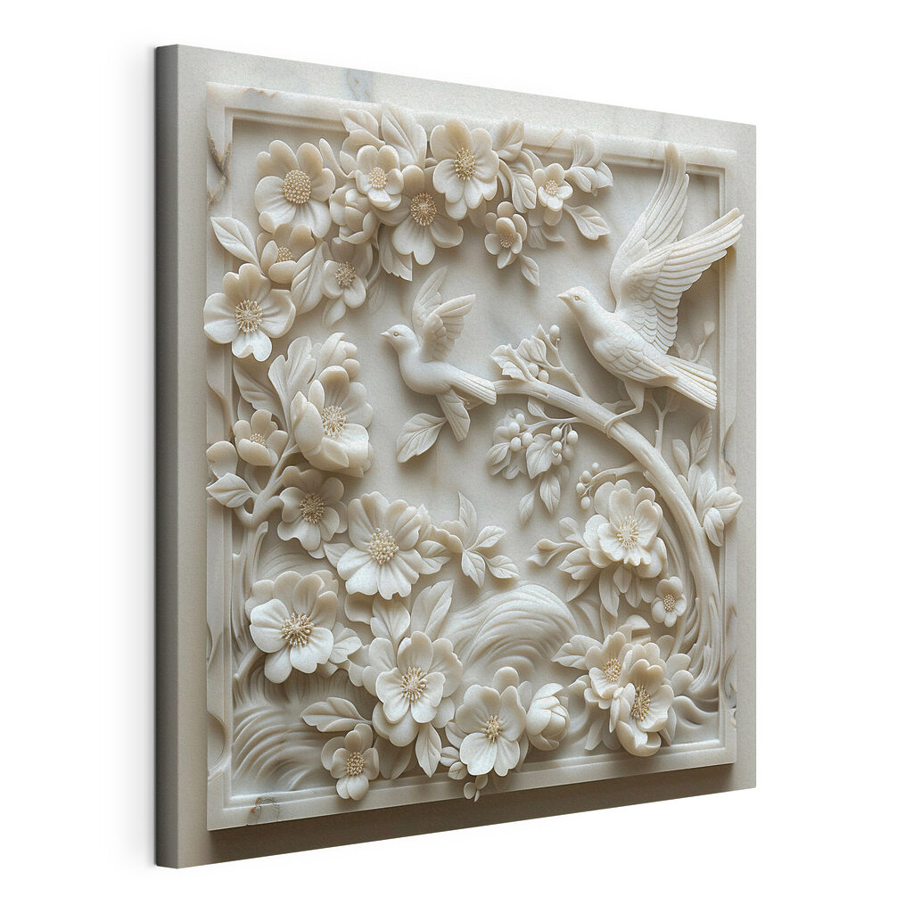 White sculpture of birds and flowers White sculpture of birds and flowers
