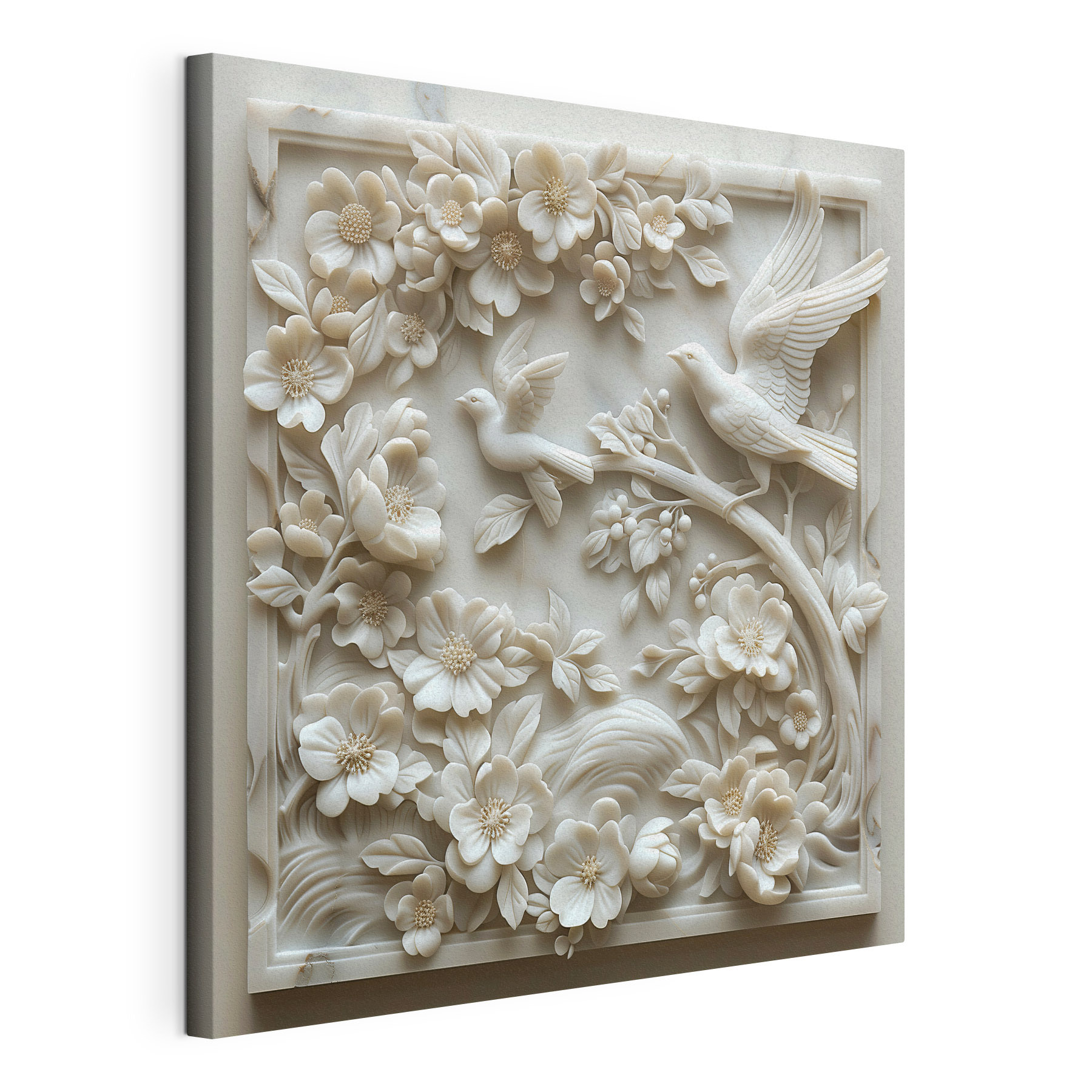 White sculpture of birds and flowers White sculpture of birds and flowers