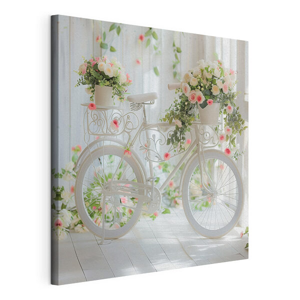 Bicicletă albă cu flori pe ea Tablouri Bicicletă albă cu flori pe ea