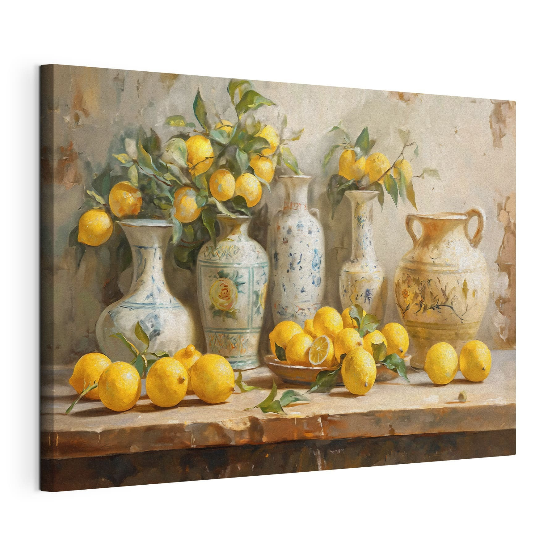 Painting of lemons and vases on a table