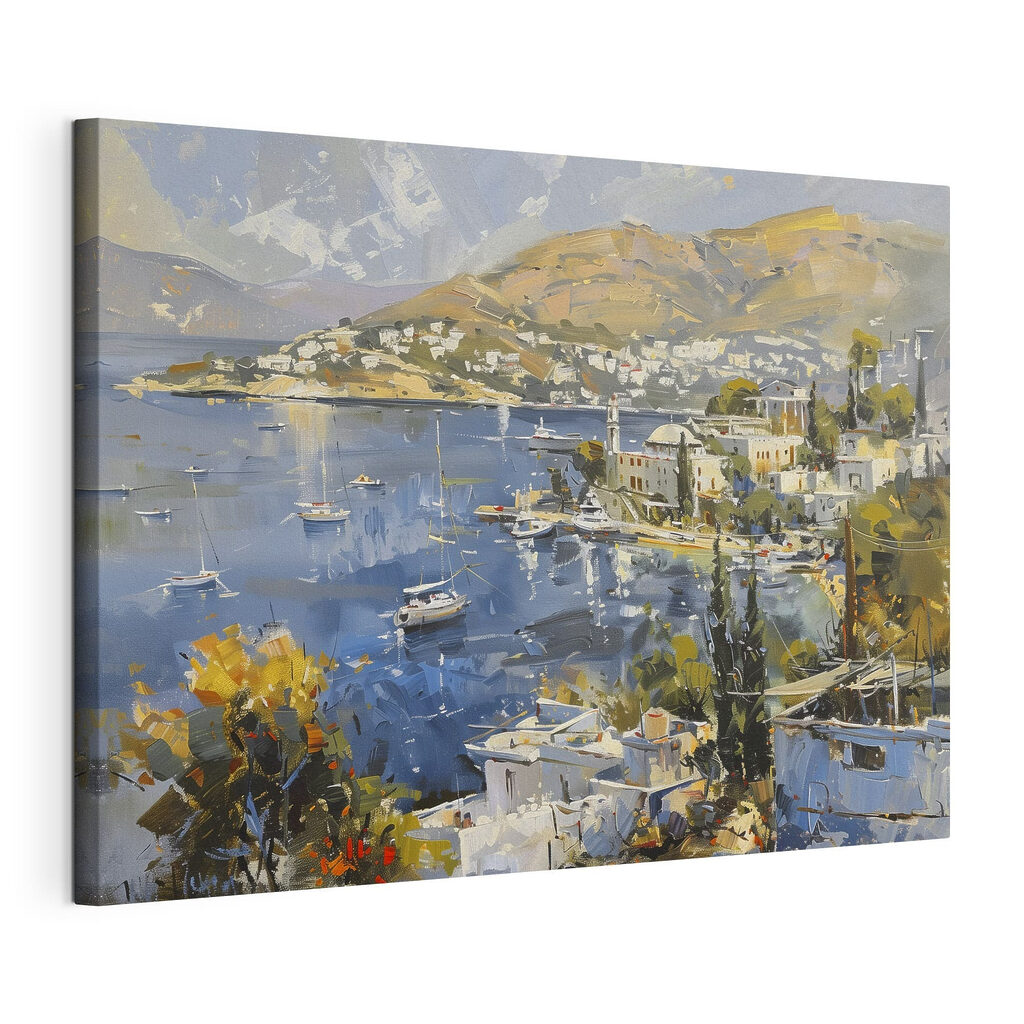 Painting of a city and a body of water Painting of a city and a body of water