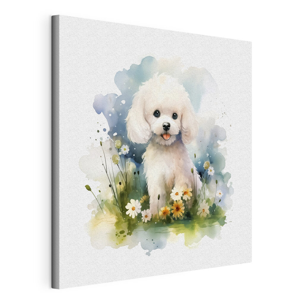 White dog sitting in a field of flowers White dog sitting in a field of flowers