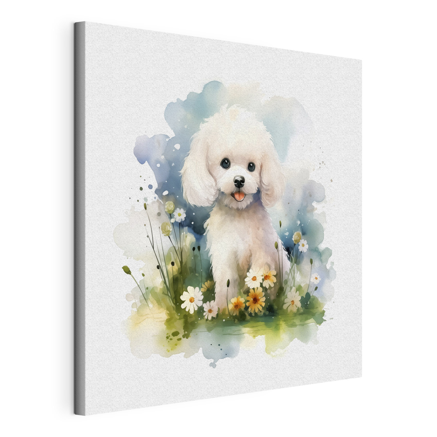 White dog sitting in a field of flowers White dog sitting in a field of flowers
