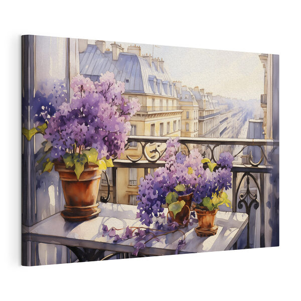 Pictura acuarelă a unui balcon cu flori mov Tablouri Pictura acuarelă a unui balcon cu flori mov
