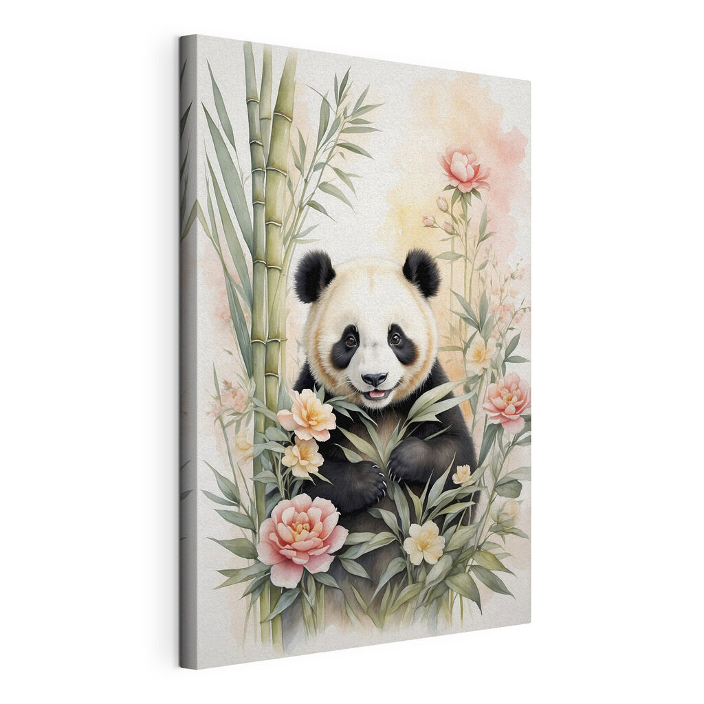 Panda bear with flowers and bamboo