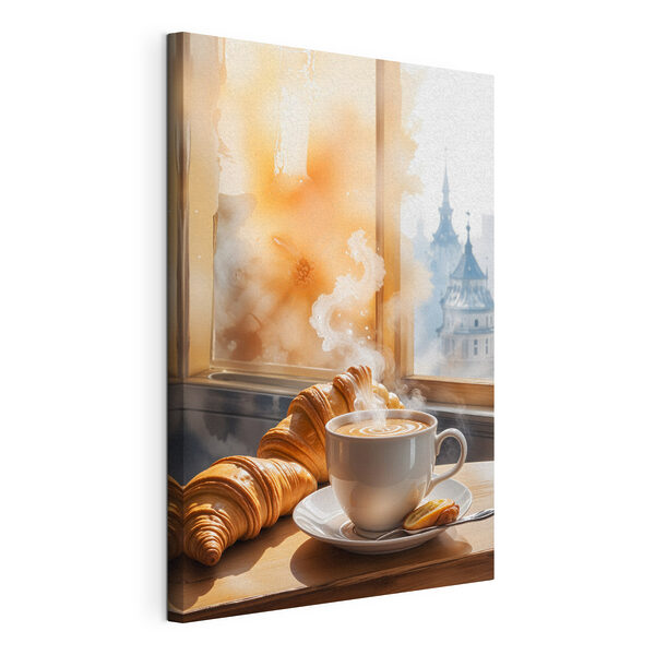 Tablouri Ceașcă de cafea și croissante pe o masă