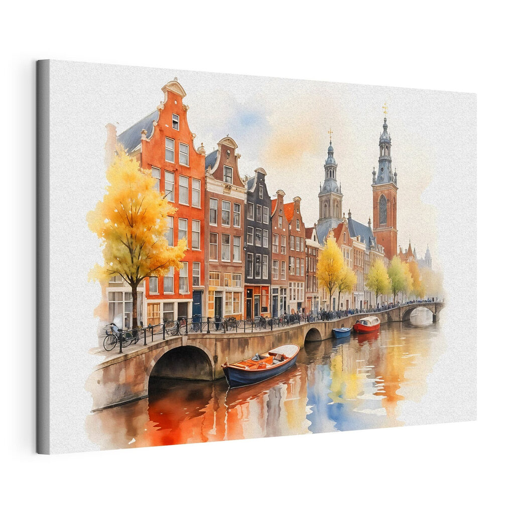 Watercolor of a canal with boats and buildings Watercolor of a canal with boats and buildings