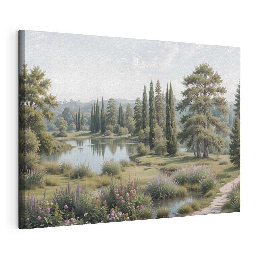 Lake with trees and grass and flowers