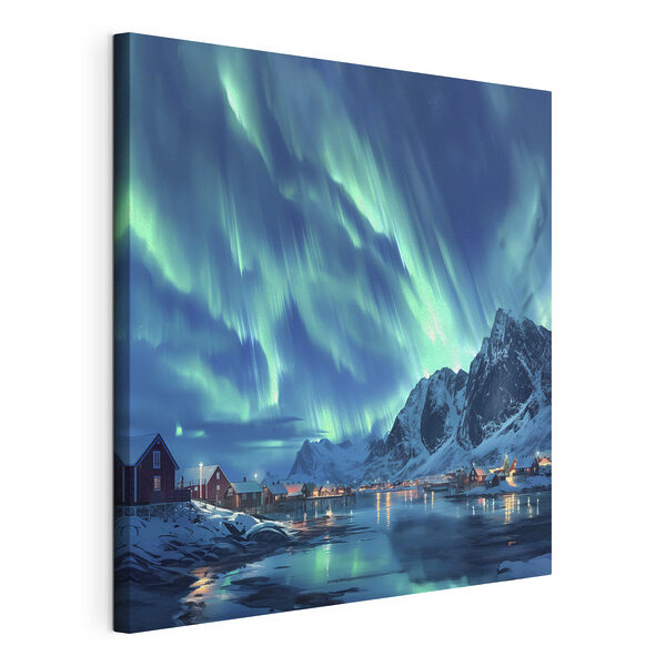 Tablouri Aurora boreală deasupra unui munte înzăpezit