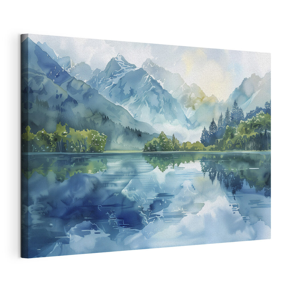 Water painting of a lake with trees and mountains in the background Water painting of a lake with trees and mountains in the background