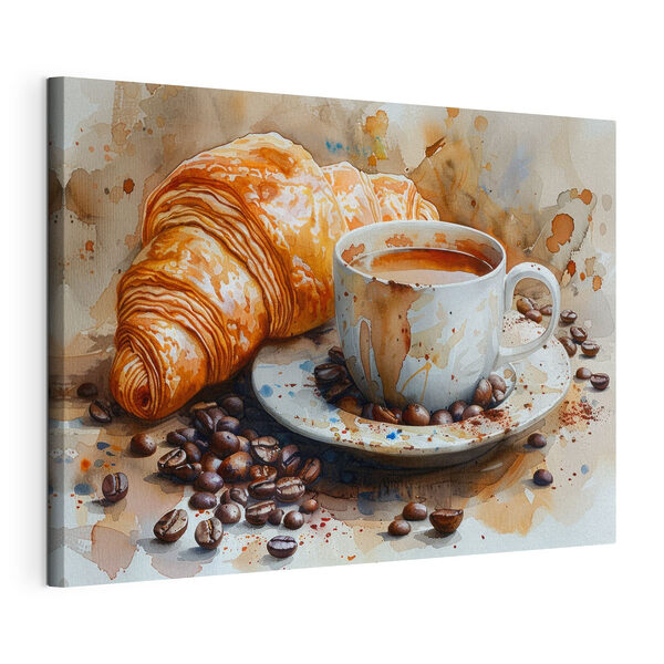Tablouri Acuarelă de o ceașcă de cafea și un croissant