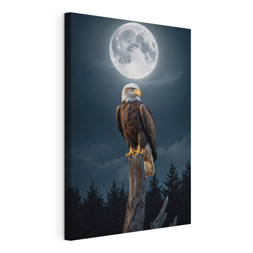 Bald eagle on a post with a full moon in the background