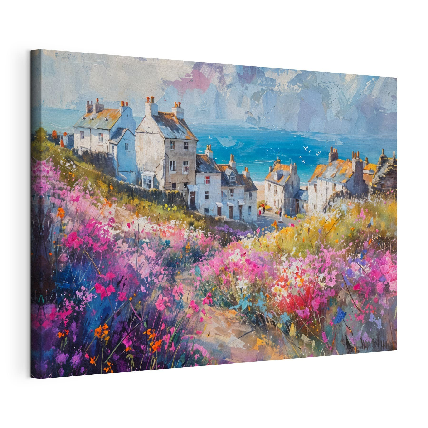 Painting of a village with flowers