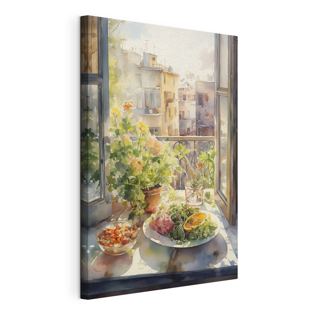 Watercolor painting of a table with food and flowers in front of a window