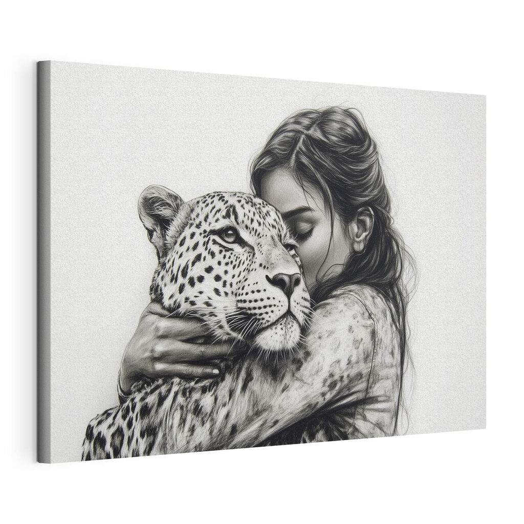 Drawing of a woman hugging a leopard