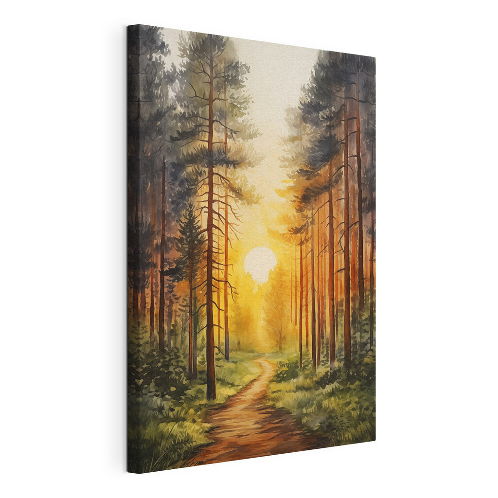 Painting of a forest with a path and trees