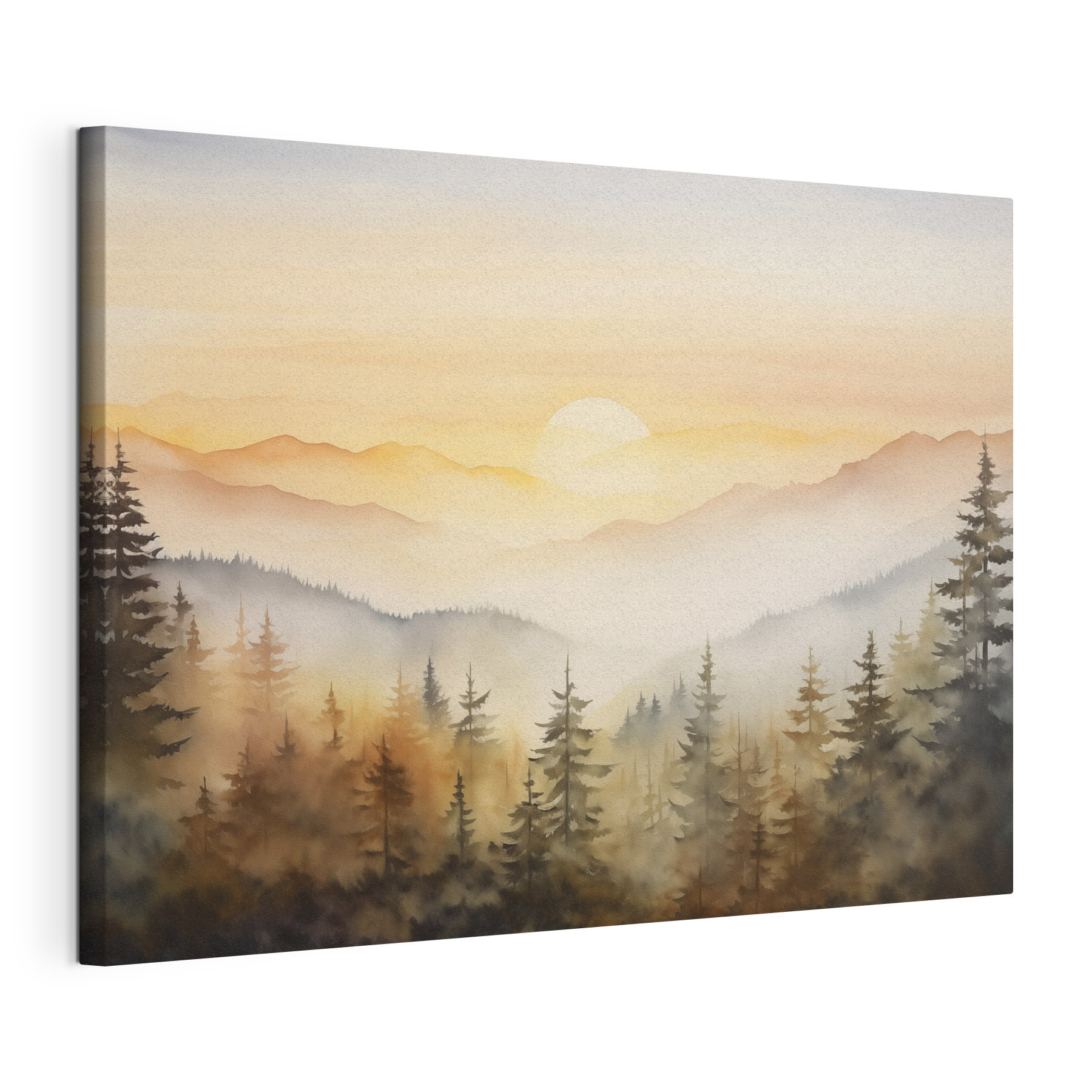 Watercolor painting of a forest and mountains
