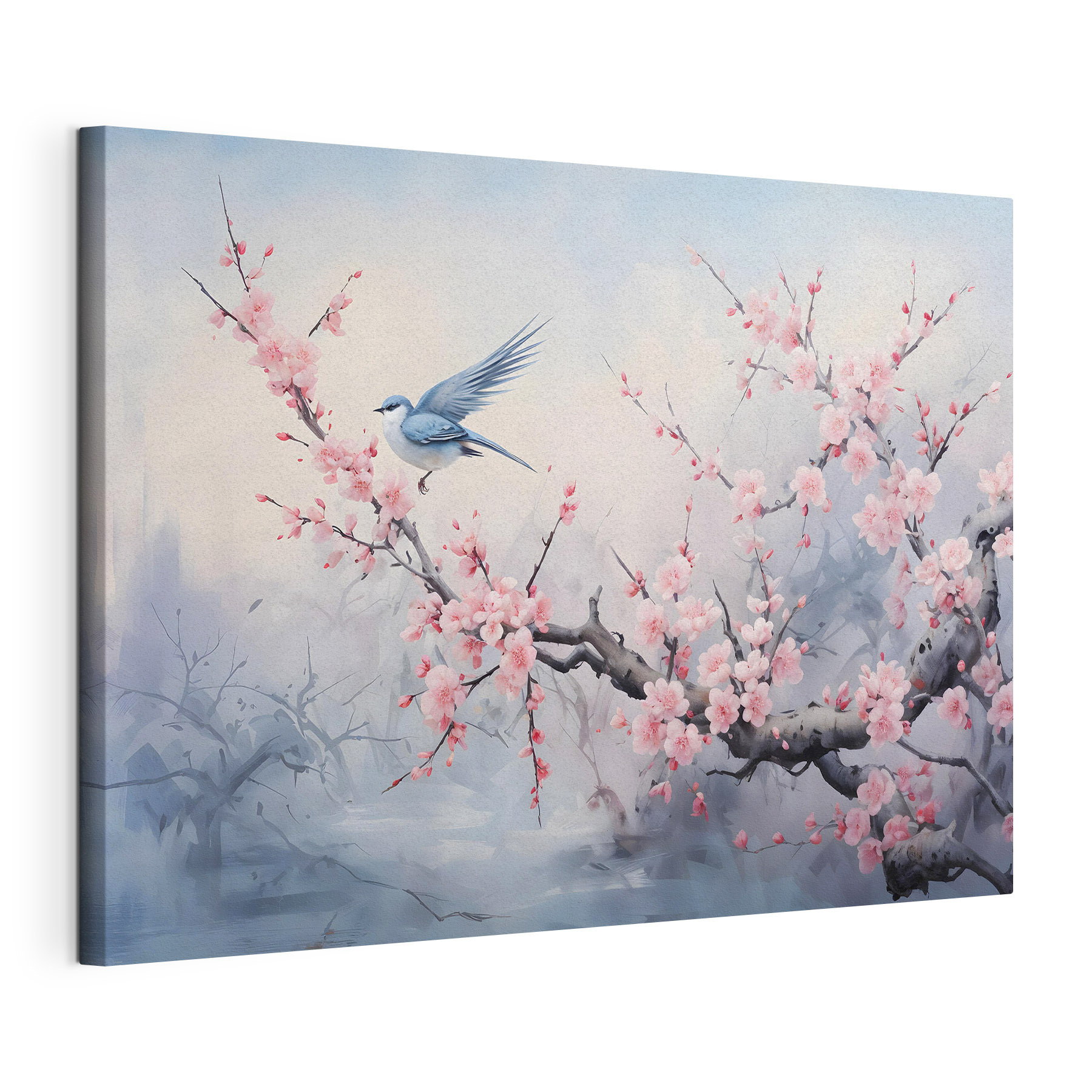 Bird on a branch with pink flowers Bird on a branch with pink flowers