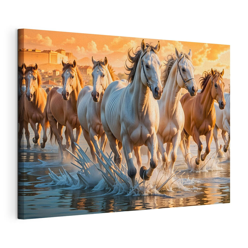 Group of horses running through water Group of horses running through water