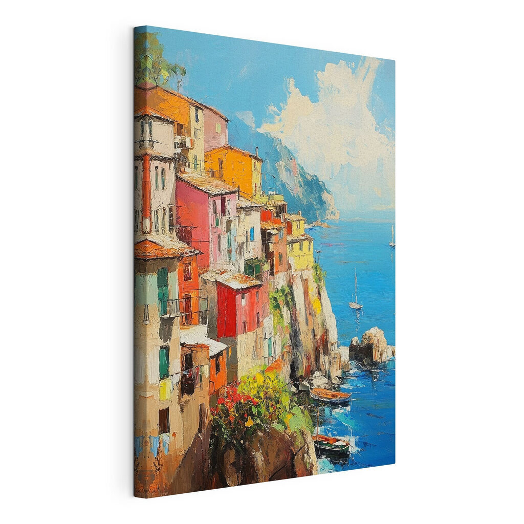 Painting of a colorful town on a cliff by the water