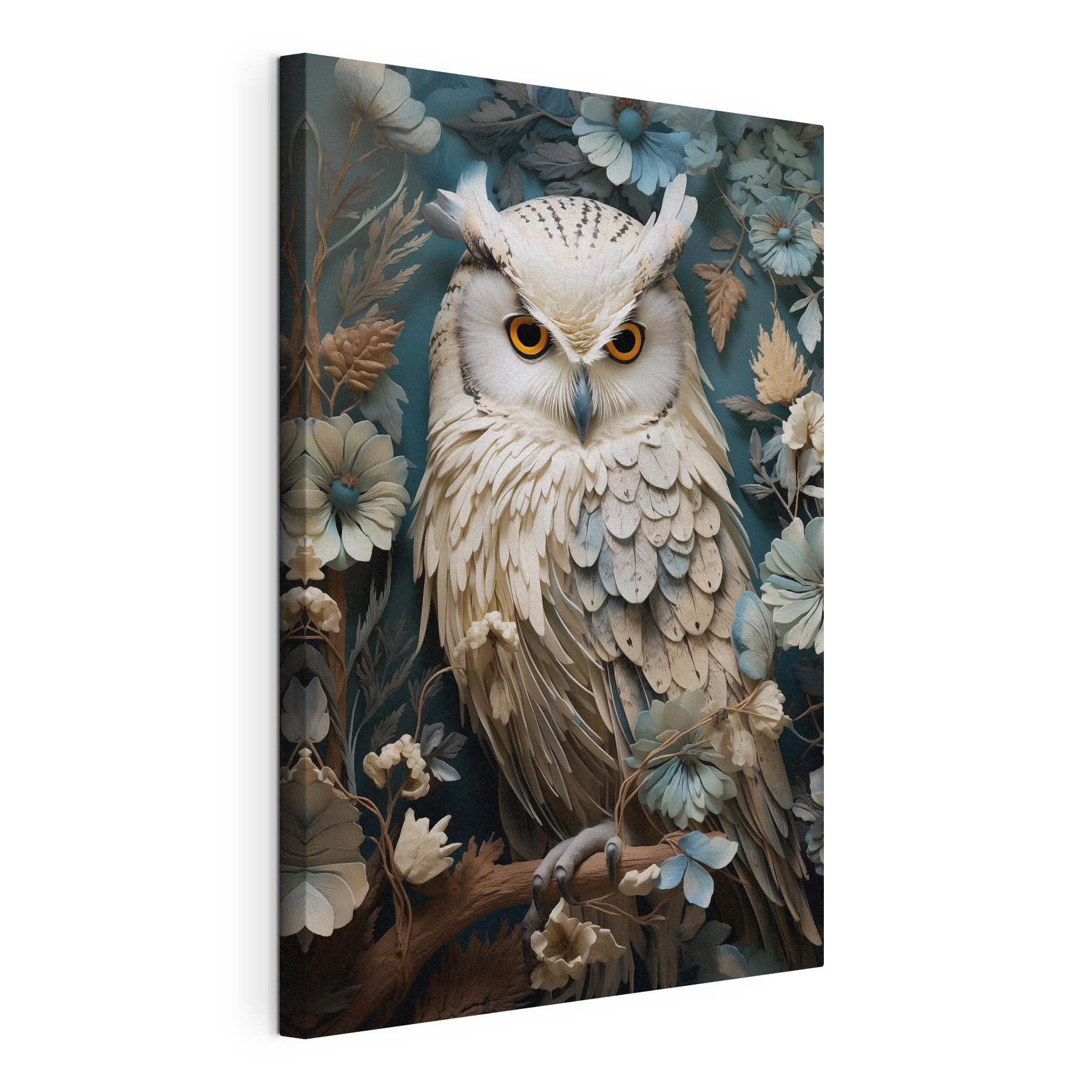 White owl with yellow eyes and a blue background with flowers White owl with yellow eyes and a blue background with flowers