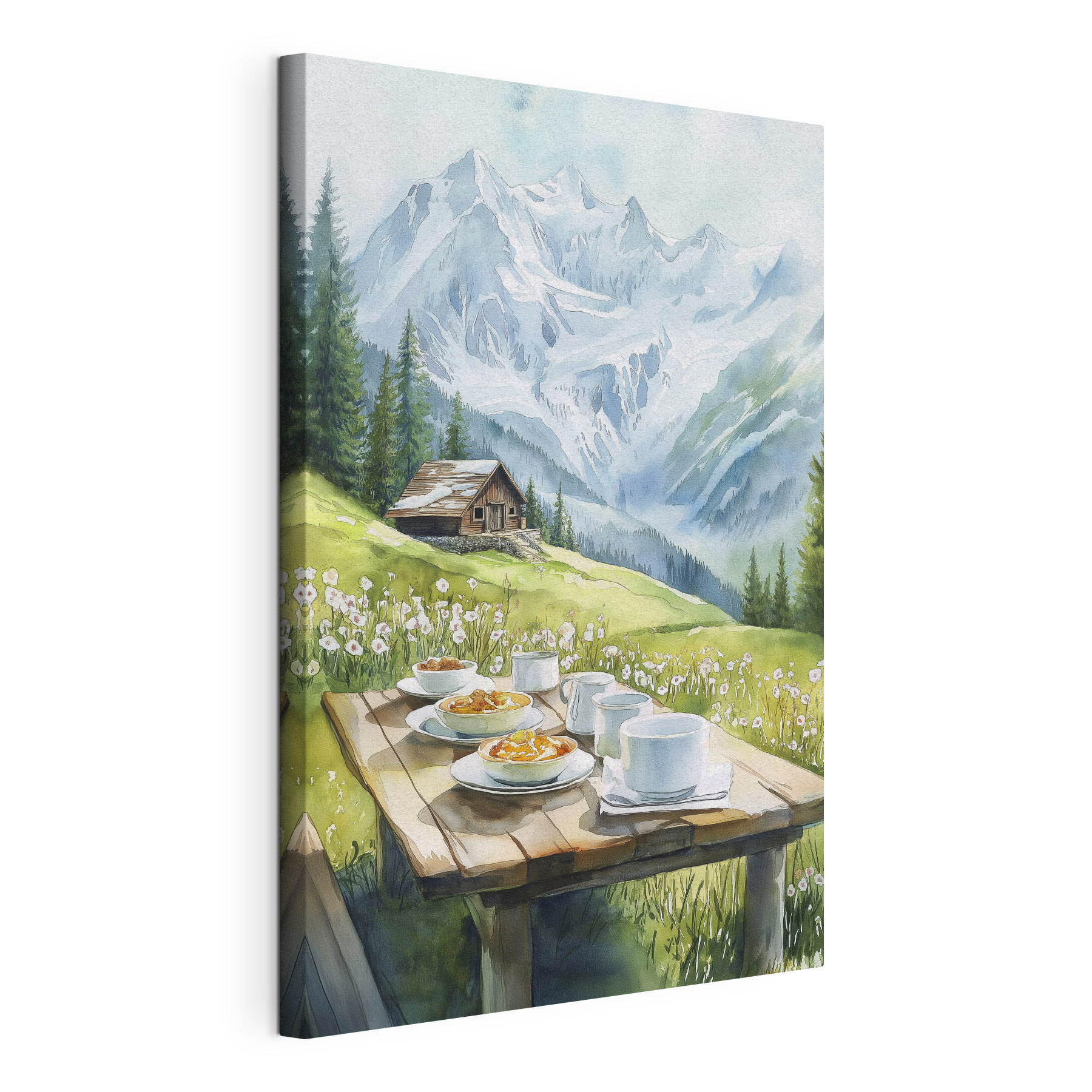 Table with plates of food and cups on it with mountains in the background Table with plates of food and cups on it with mountains in the background