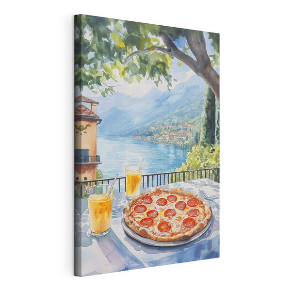 Pictura acuarelă a unei pizza și băuturi pe o masă Tablouri Pictura acuarelă a unei pizza și băuturi pe o masă