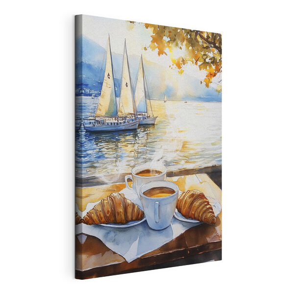 Pictura acuarelă a unei mese cu cafea și croissante Tablouri Pictura acuarelă a unei mese cu cafea și croissante