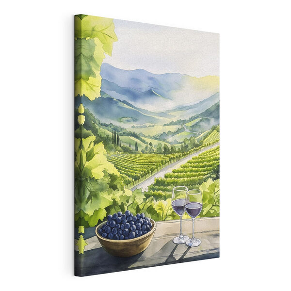 Tablouri Pictură de pahare de vin și struguri pe o masă în fața unei podgorii