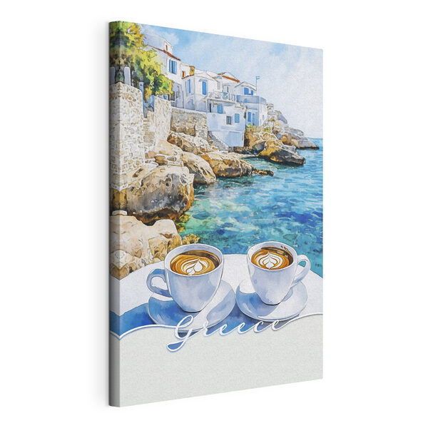 Două cești de cafea pe o masă lângă apă Tablouri Două cești de cafea pe o masă lângă apă