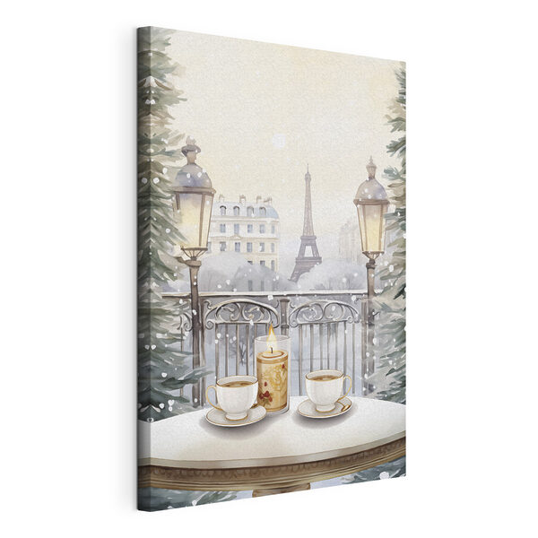 Painting of a tea set on a balcony with a tall tower in the background Painting of a tea set on a balcony with a tall tower in the background