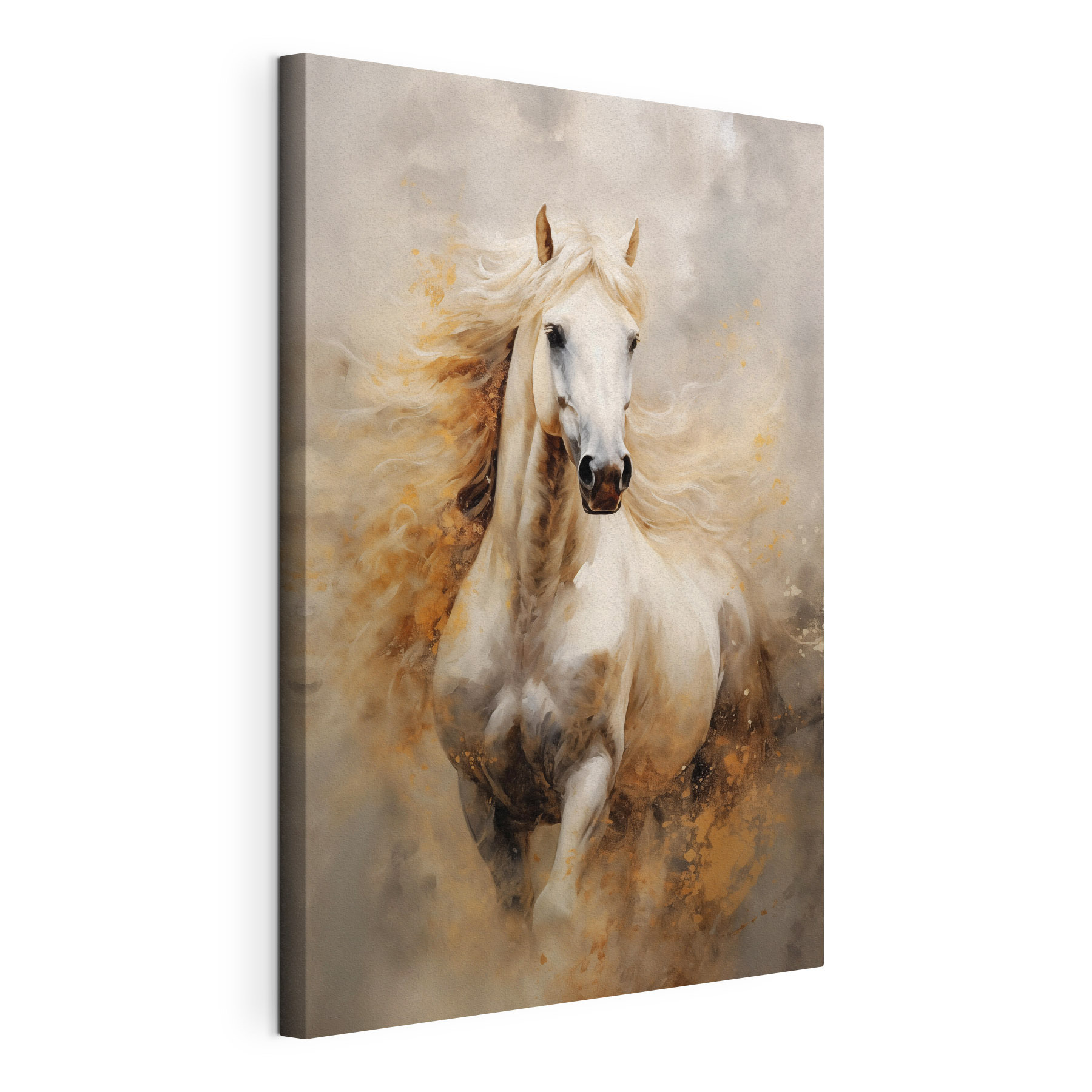 Painting of a white horse with a long mane
