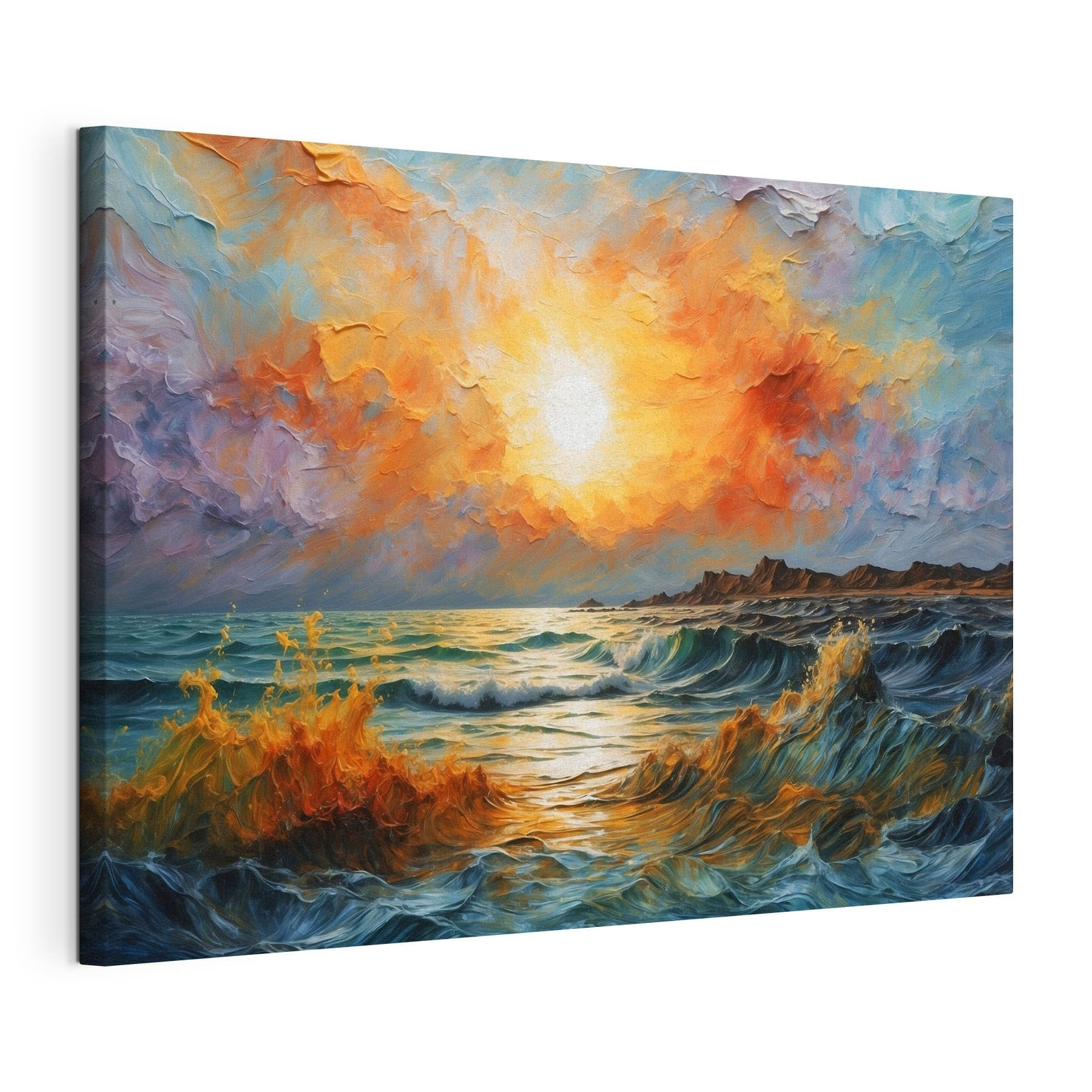 Painting of a sunset over a body of water Painting of a sunset over a body of water