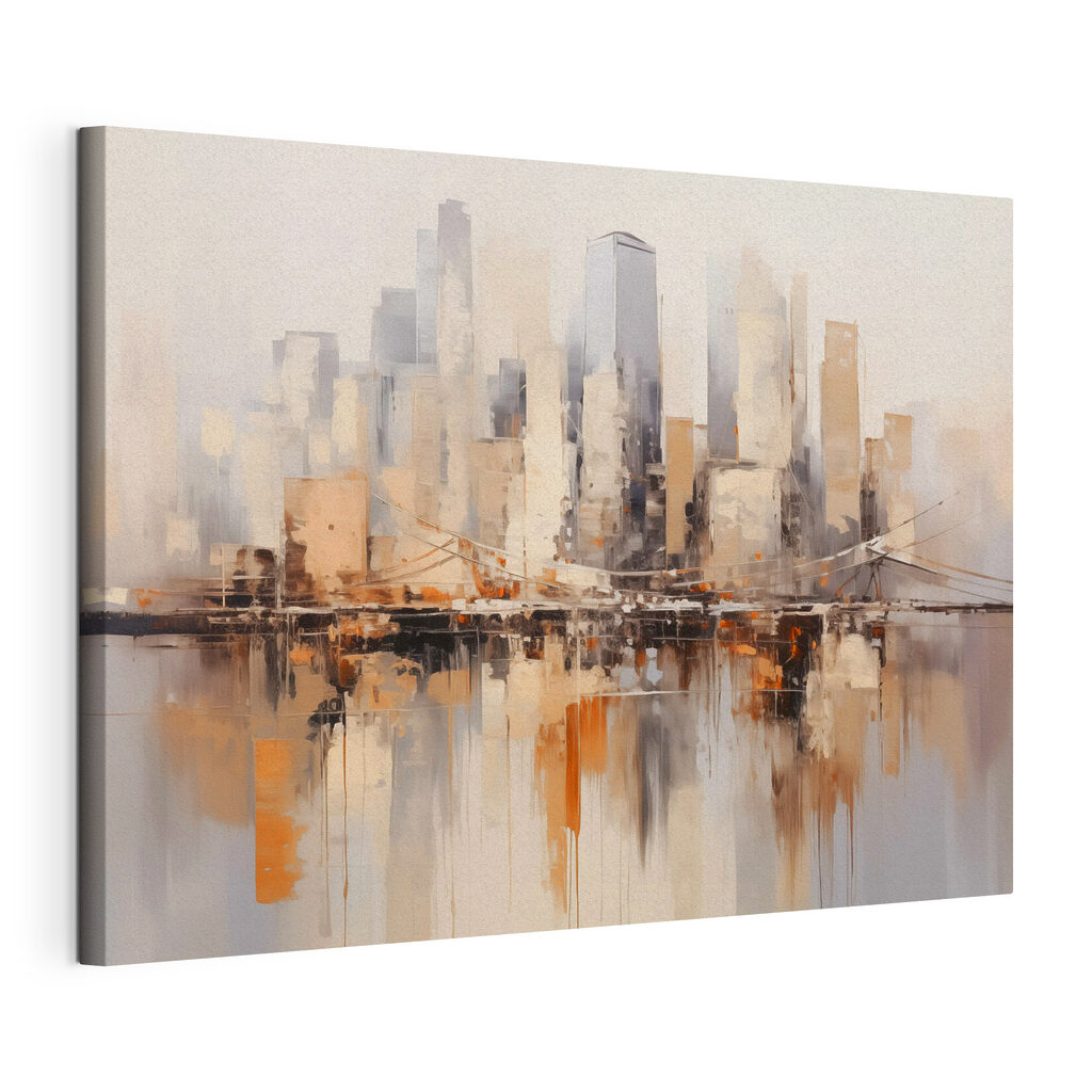 Painting of a city with a bridge over water