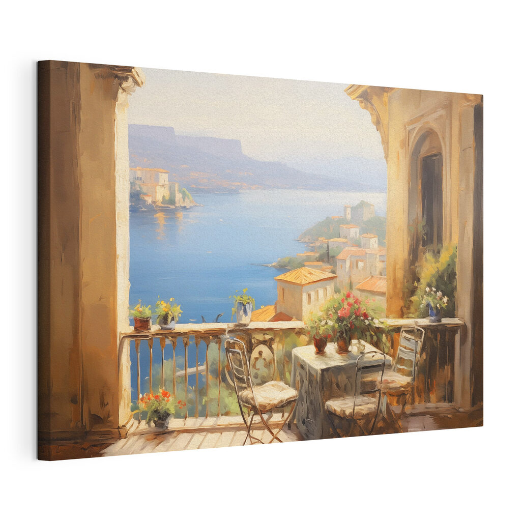 Painting of a balcony overlooking a body of water Painting of a balcony overlooking a body of water