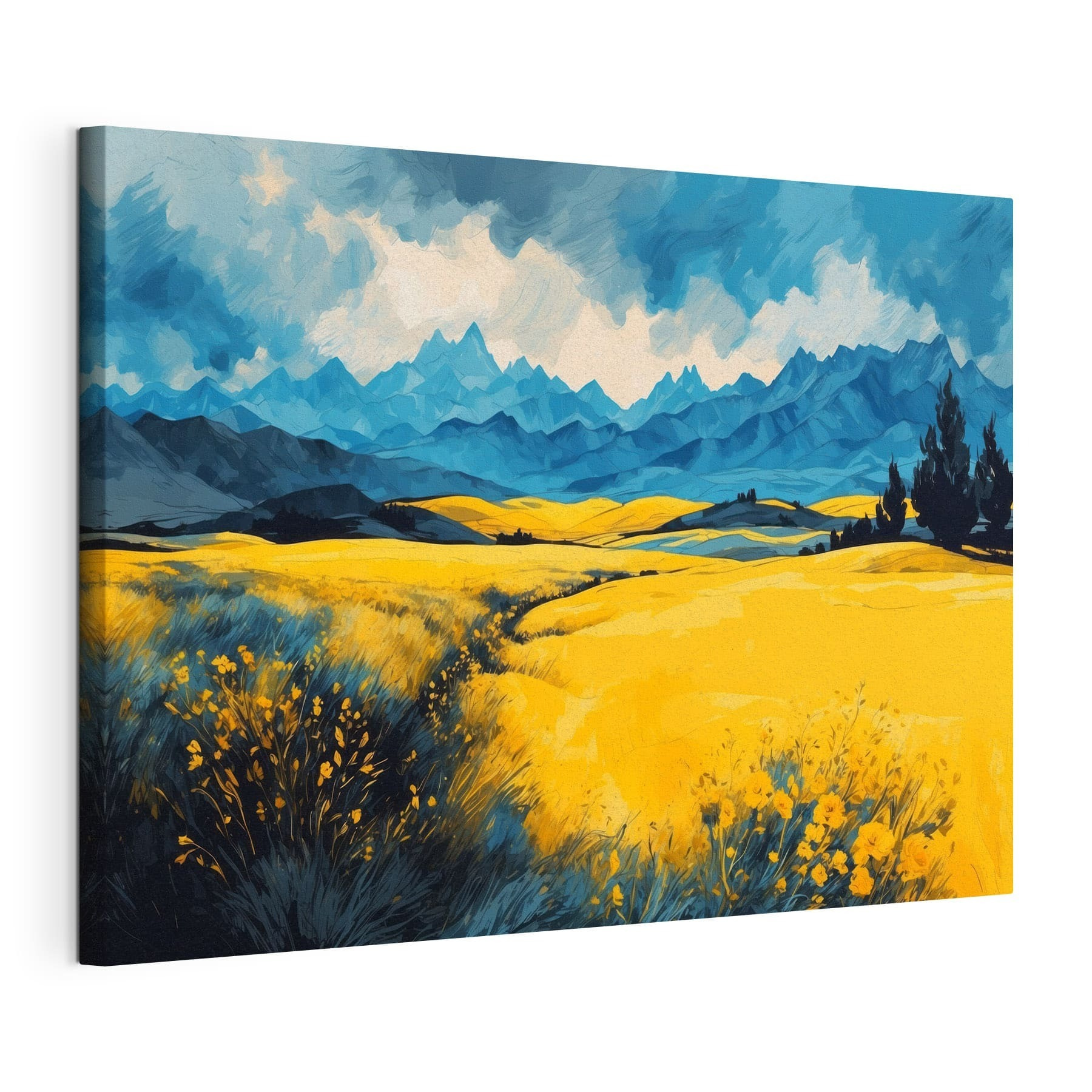 Yellow field with mountains in the background Yellow field with mountains in the background