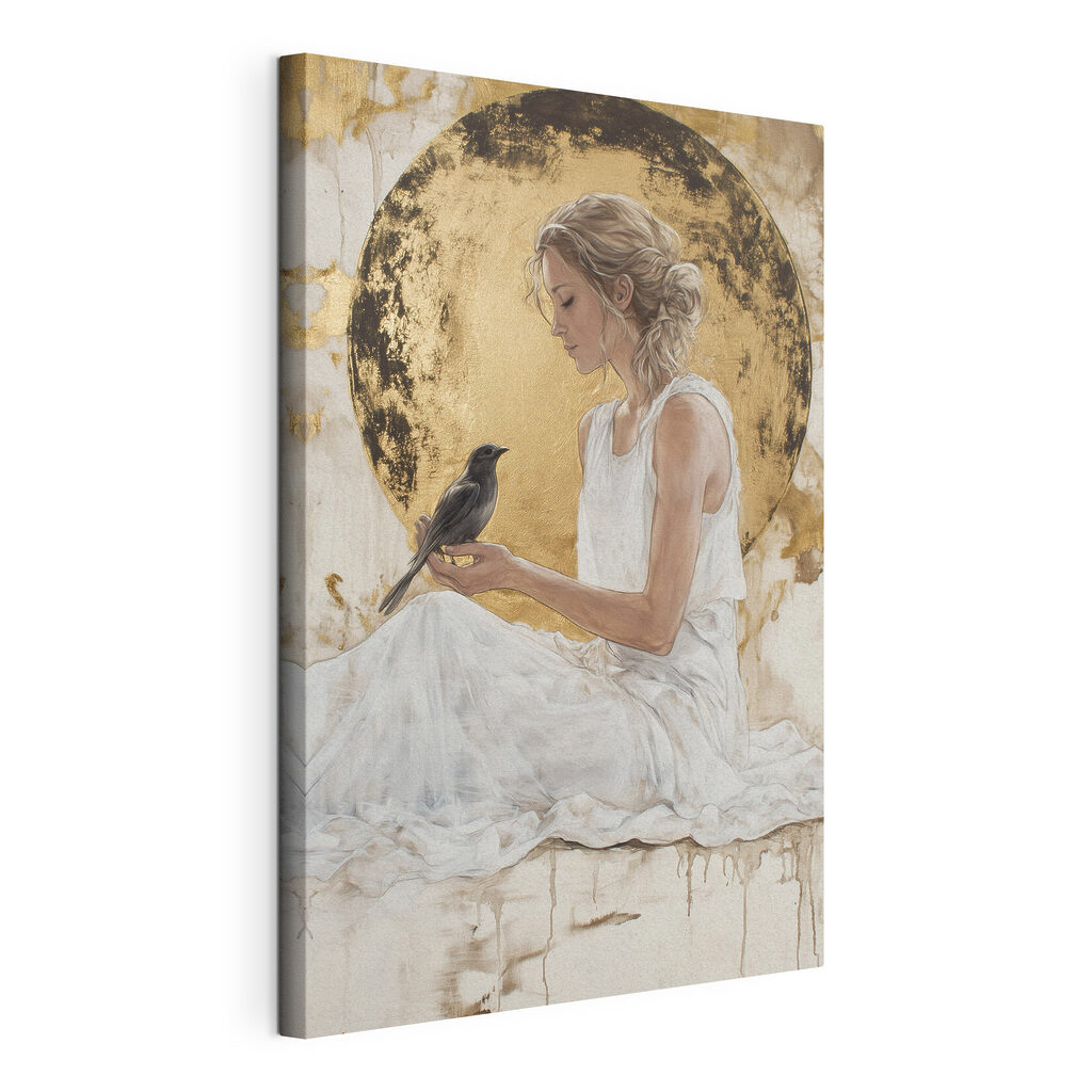 Woman in a white dress holding a bird