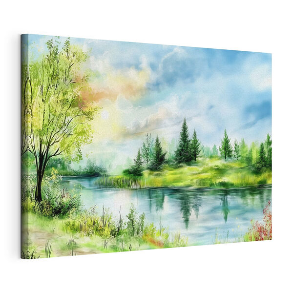 Pictura acuarelă a unui lac cu copaci și iarbă Tablouri Pictura acuarelă a unui lac cu copaci și iarbă