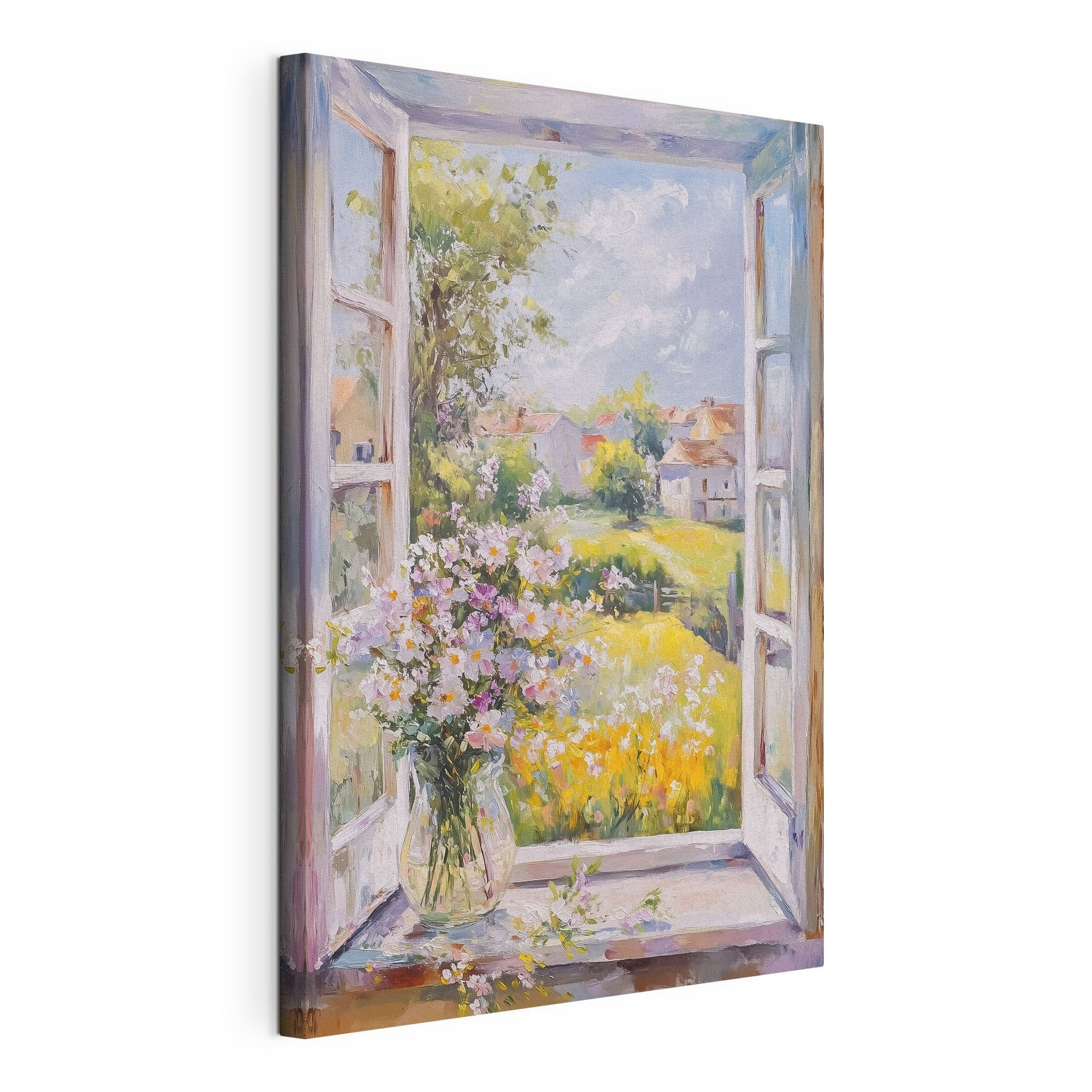 Painting of a window with flowers in it
