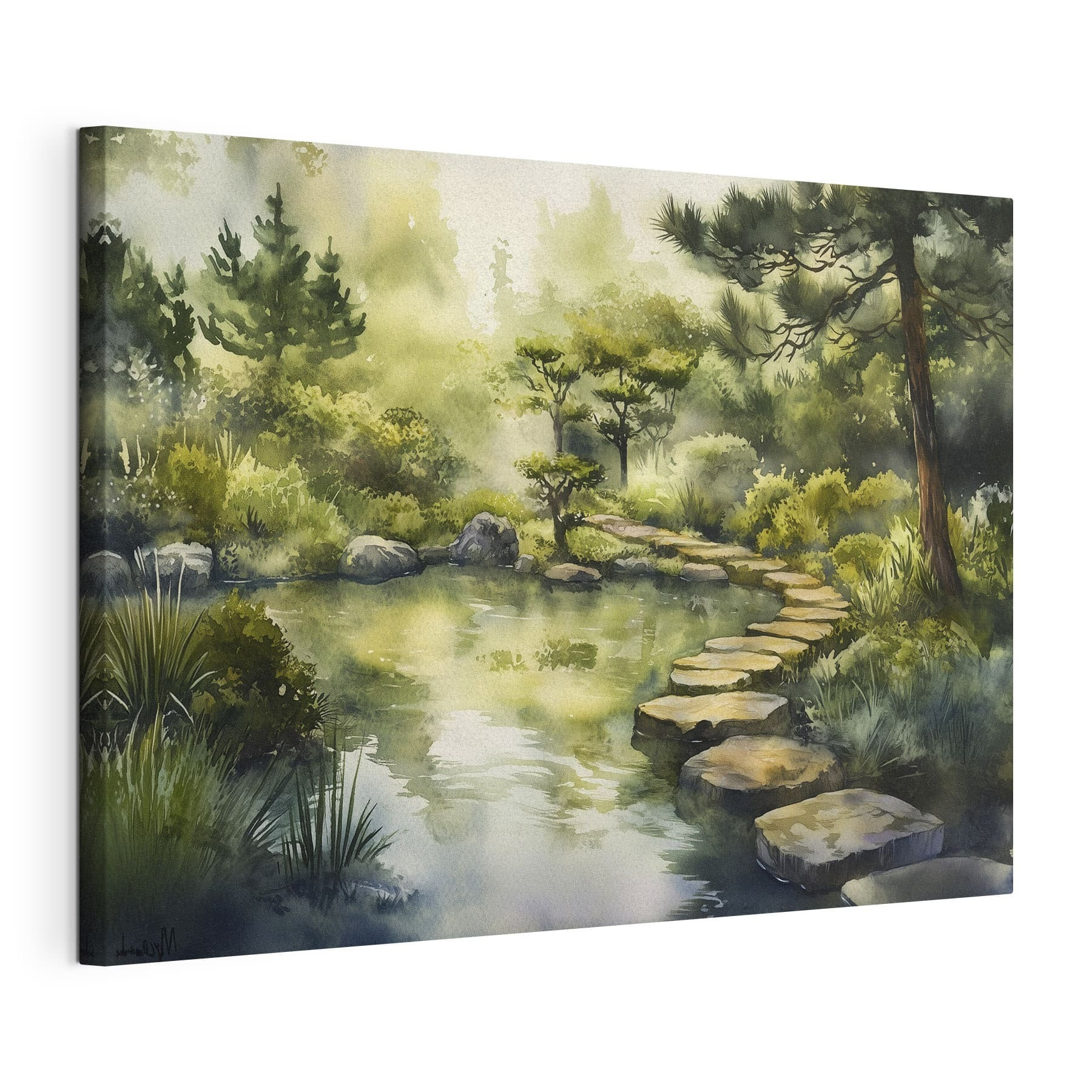 Watercolor painting of a path leading to a pond Watercolor painting of a path leading to a pond