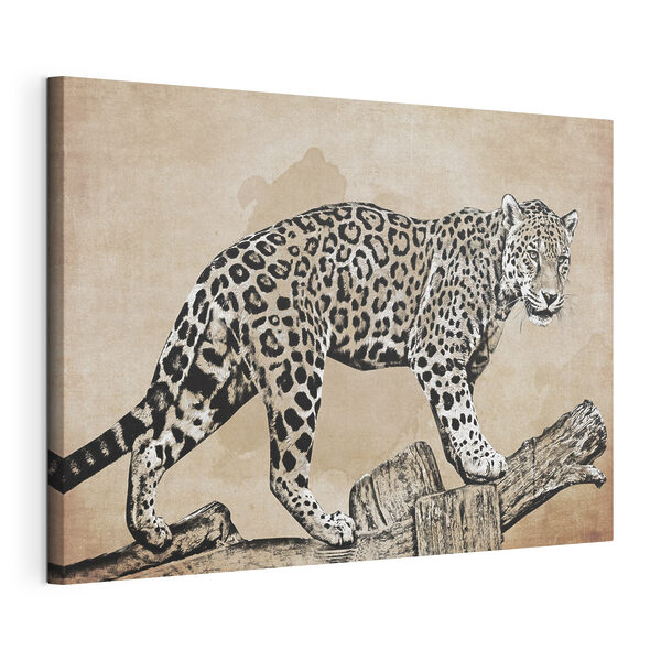A drawing of a leopard walking on a log
